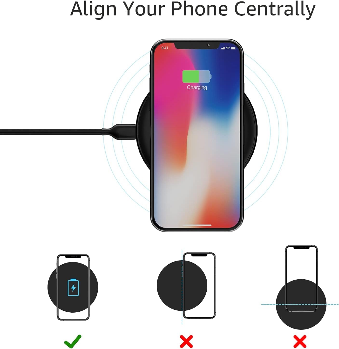15W Qi Certified Wireless Charging Pad for Iphone 16/15/14/13/12/11/X, Samsung and More, with USB Cable, Black
