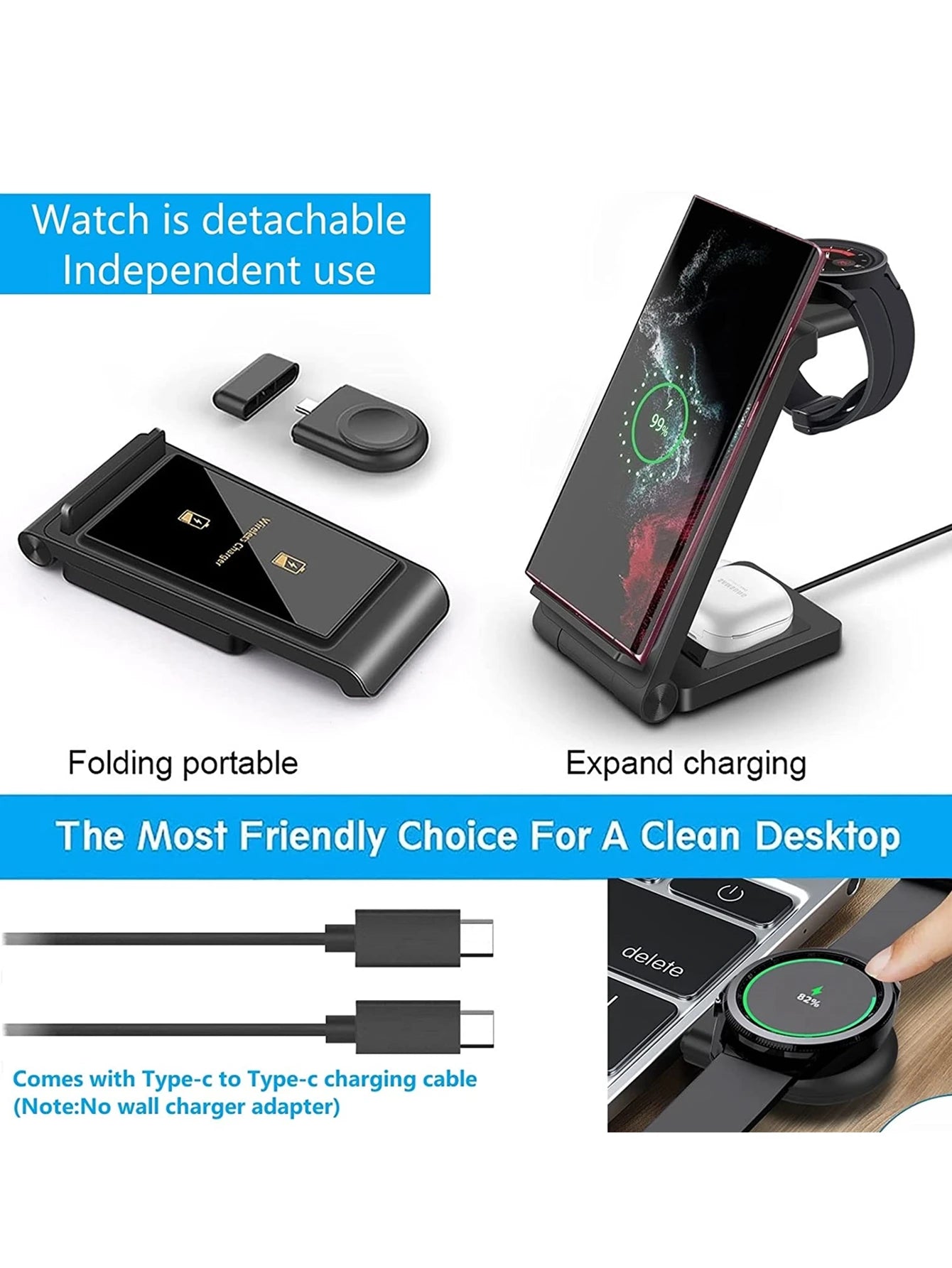 3 in 1 Wireless Charger for  S24 S23 Ultra/S22/S21/Note 20/Z Flip 6/Z Fold 6 Fast Charging Station for Galaxy Watch 7 Pro