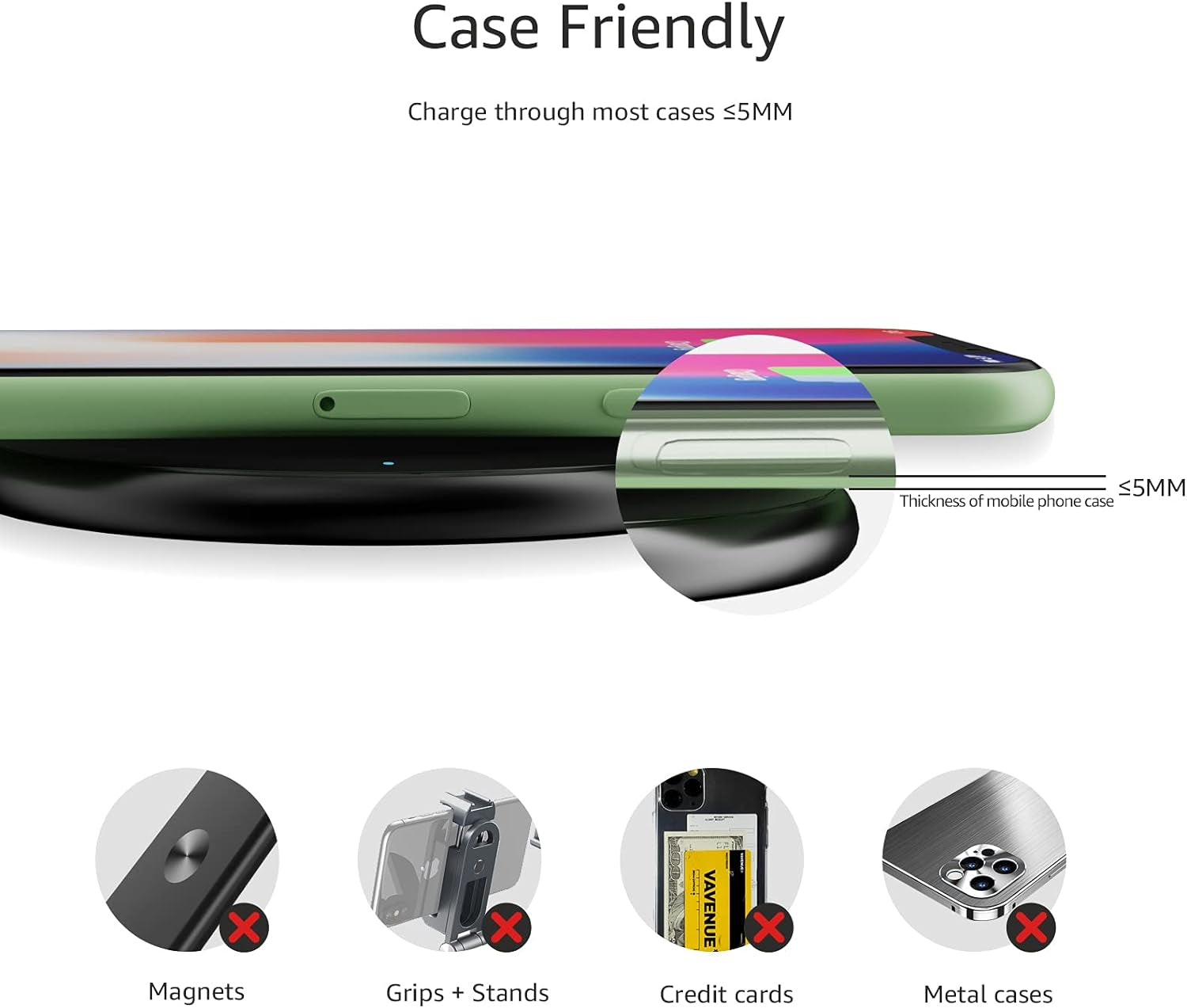 15W Qi Certified Wireless Charging Pad for Iphone 16/15/14/13/12/11/X, Samsung and More, with USB Cable, Black