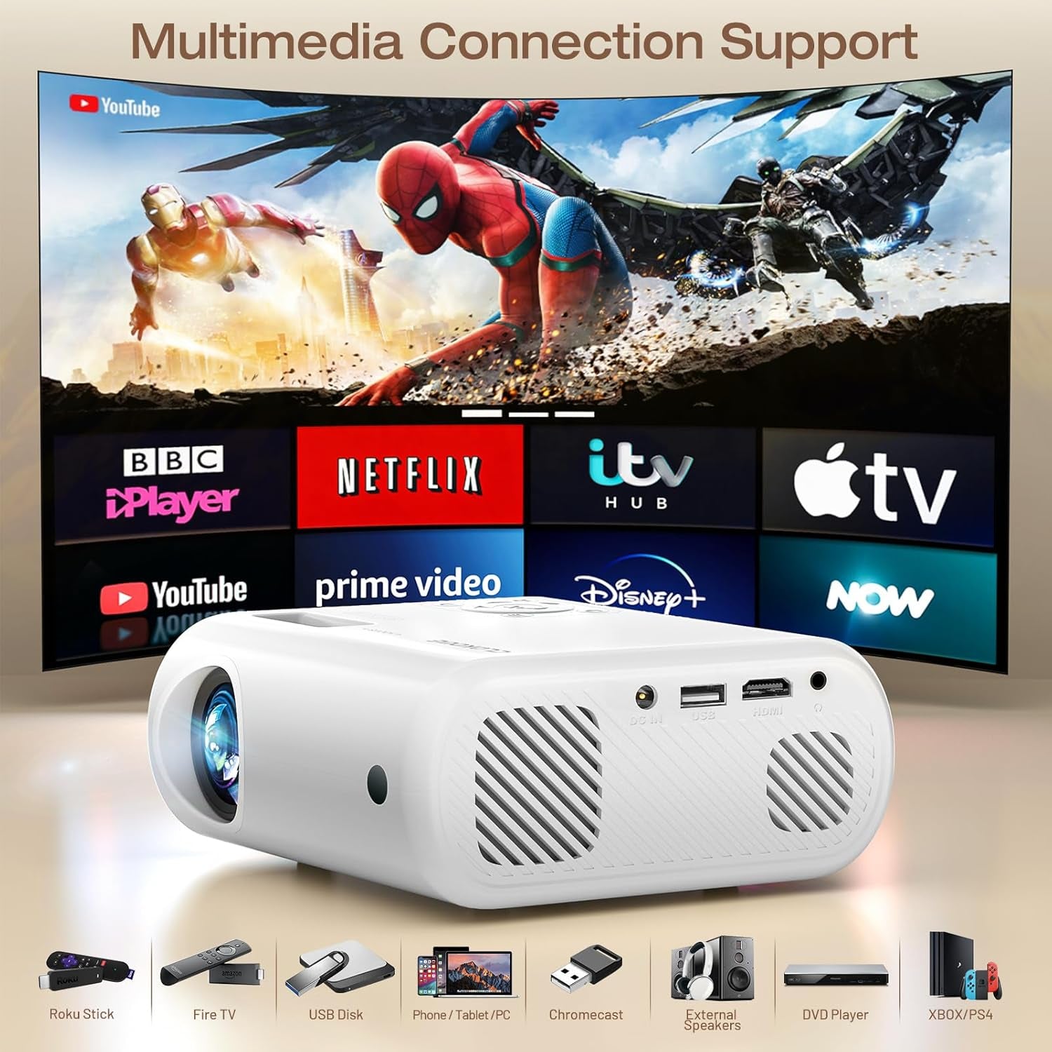Mini Projector,  2024 Upgraded Portable Projector with 9000 Lux and Full HD 1080P, Movie Projector Compatible with Ios/Android Phone/Tablet/Laptop/Pc/Tv Stick/Box/Usb Drive/Game Console